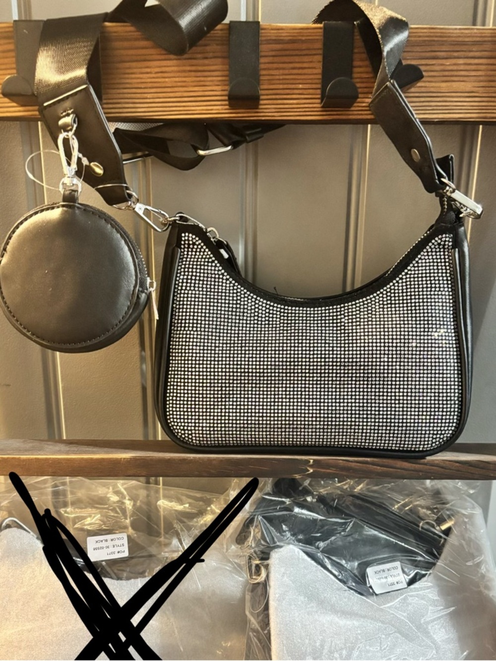 Black Rhinestone Accent Shoulder Bag with Coin Pouch
